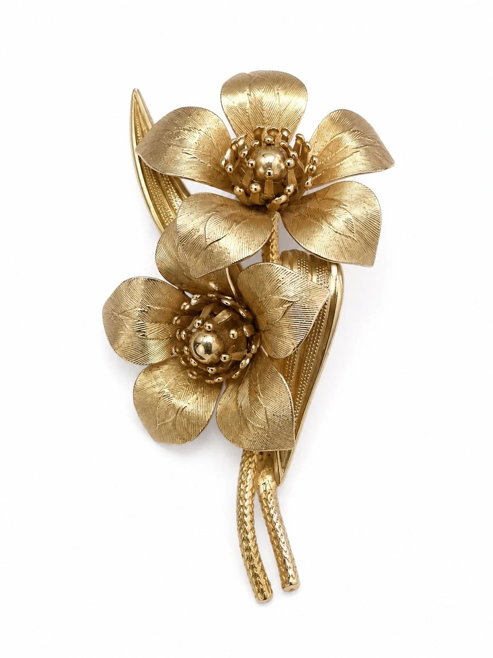 Vintage Gold Tone Floral Brooch Pin Textured Double Flower Statement Piece